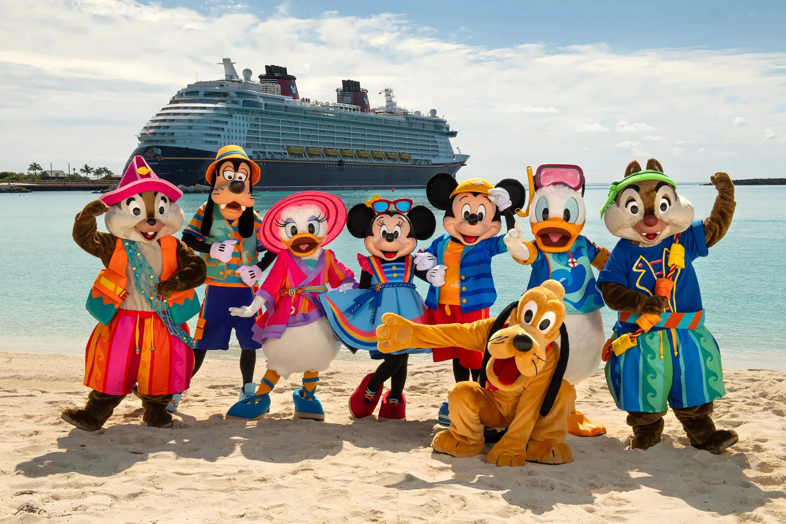 Mickey and friends in beachwear on Castaway Cay