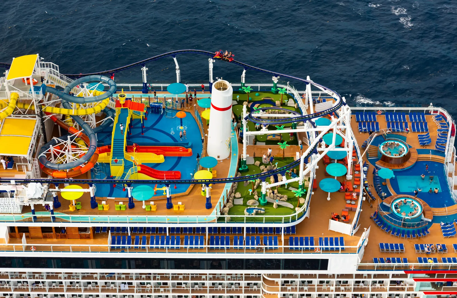 Aerial view of the BOLT track, WaterWorks and pools on Mardi Gras