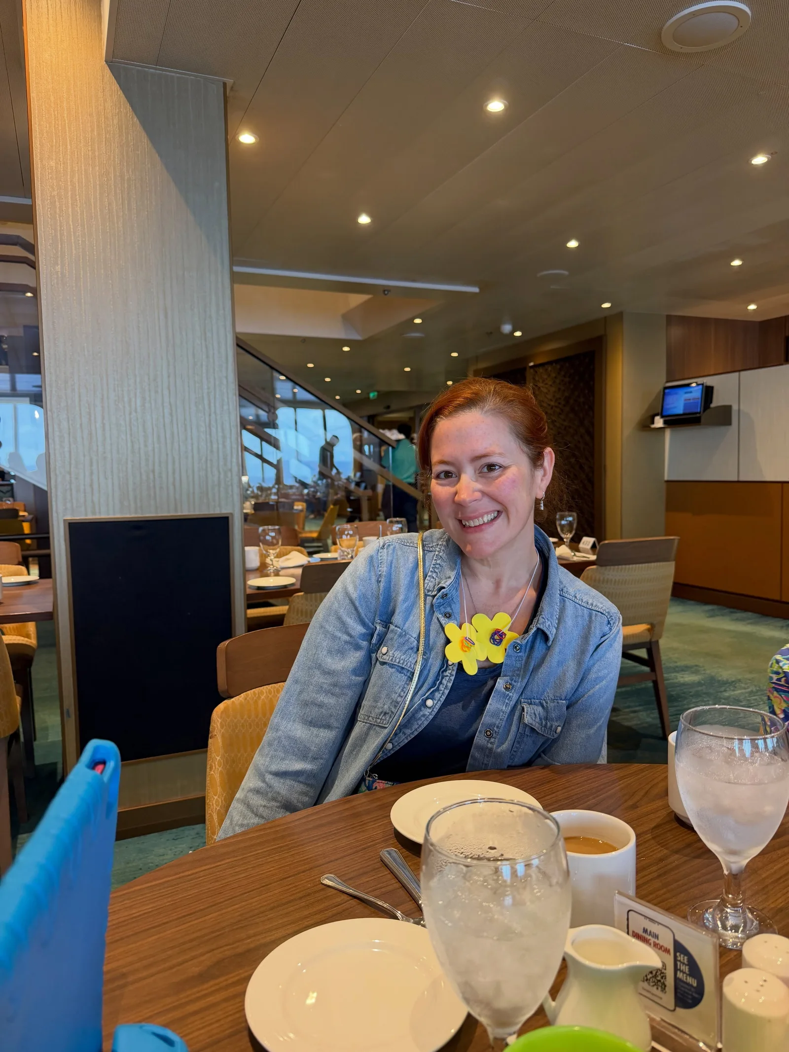 Victoria smiling at breakfast in the ship’s dining room